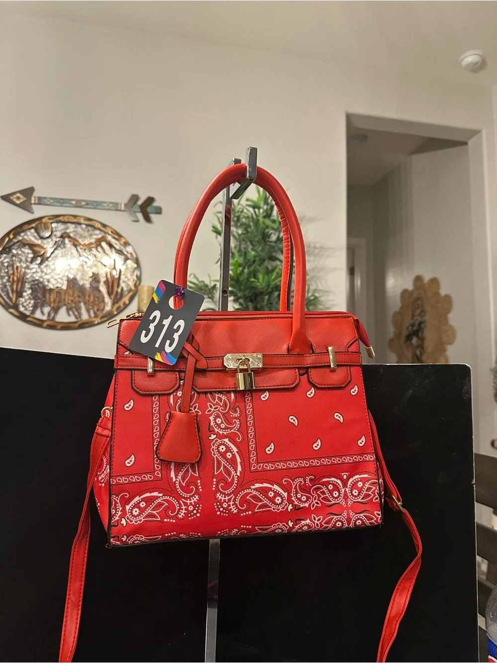 Red #313  Paisley Satchel with Top Handles and Adjustable Shoulder Strap